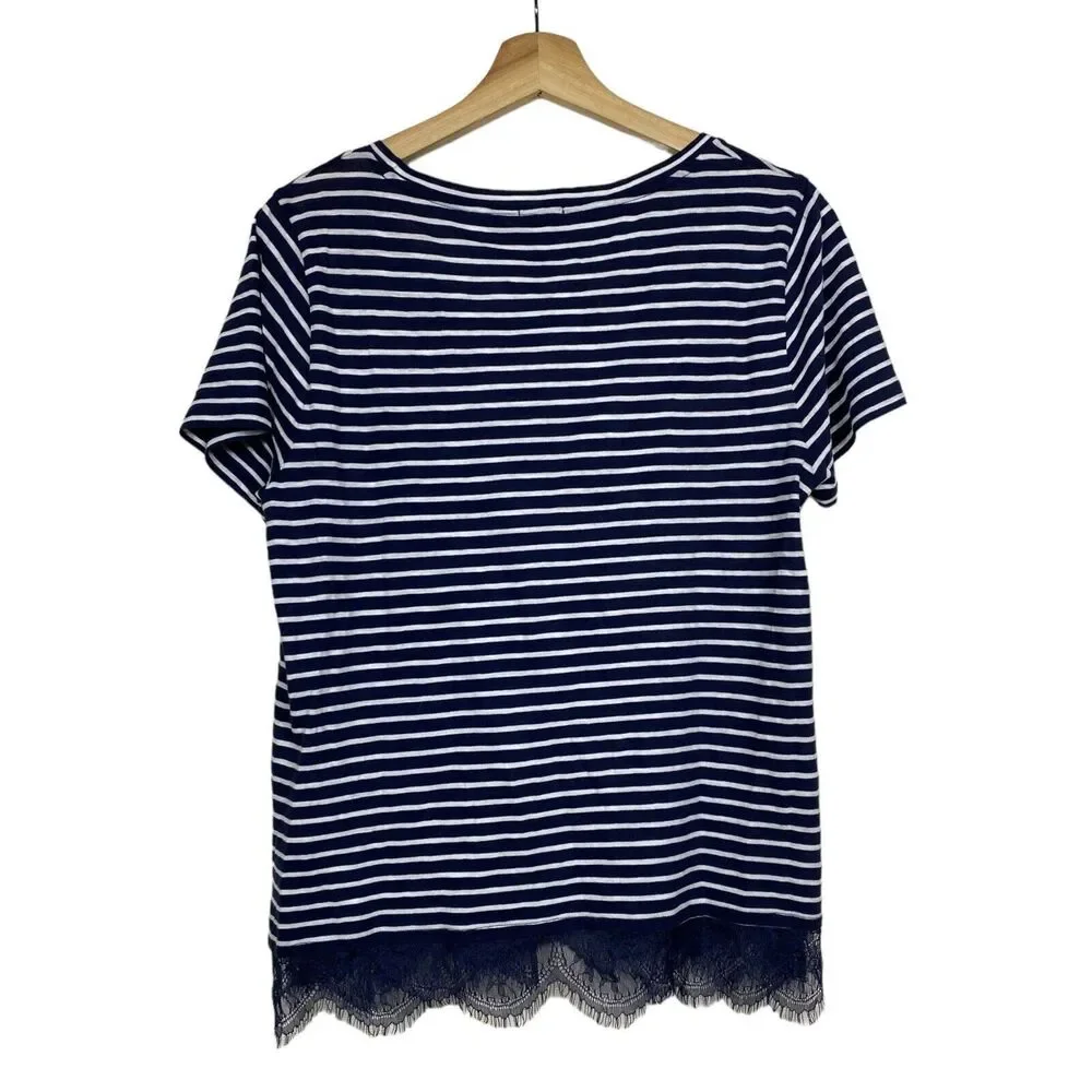 J. Crew Womens Top Sz L Lace Hem Short Sleeve‎ Blue White Stripe Nautical Preppy